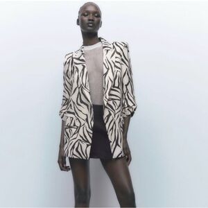 Zara Zebra Print Satin Rolled Sleeves Blazer Size S